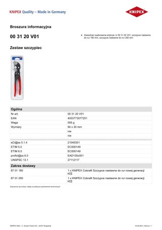 KNIPEX ZESTAW SZCZYPIEC NASTRAWNYCH DO RUR COBRA 2SZT.