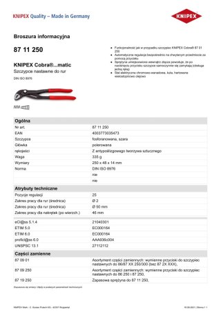 KNIPEX SZCZYPCE DO RUR COBRA NASTAWNE 250MM